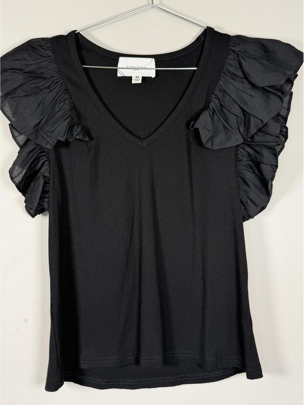 Ruffled Sleeve V-Neck Top - Black